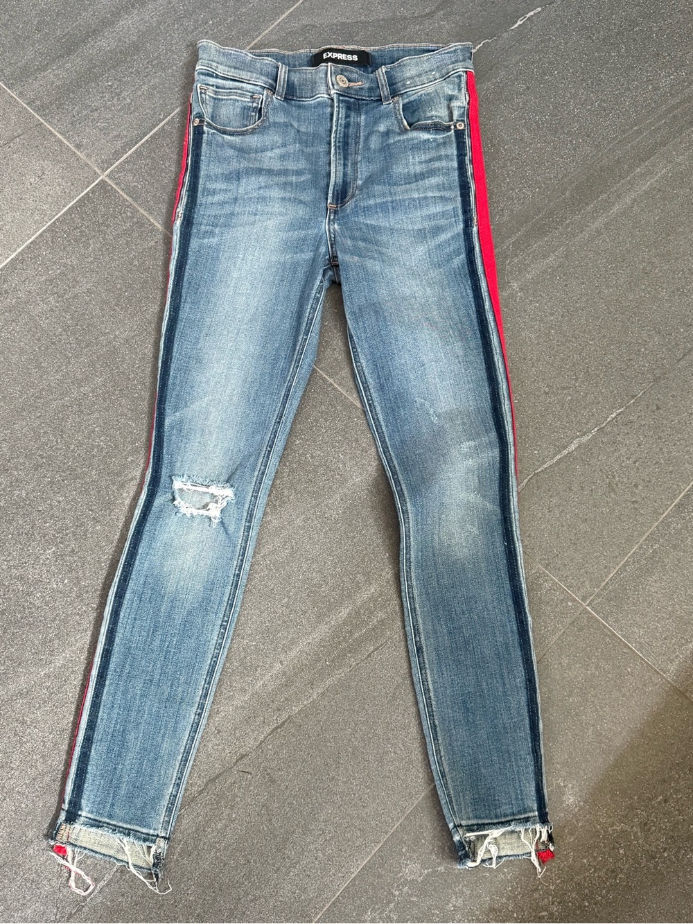 Express Mid Rise Skinny Jeans with Red Side Stripe